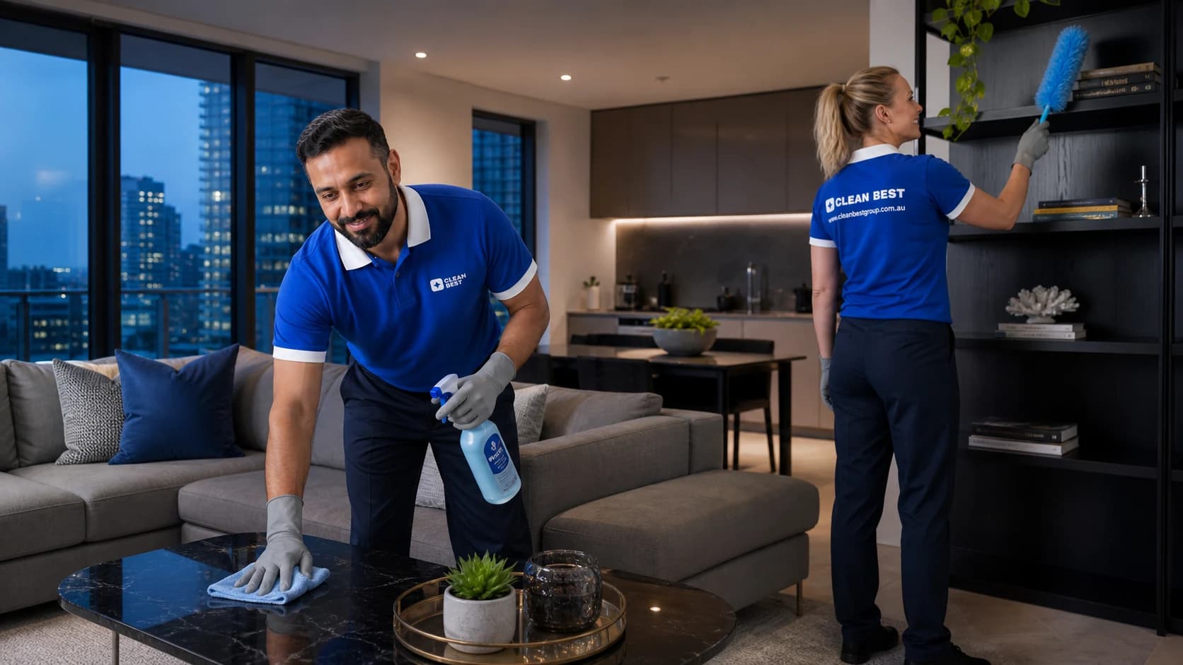 Clean Best operator cleaning a kitchen during a scheduled home clean in Sydney NSW