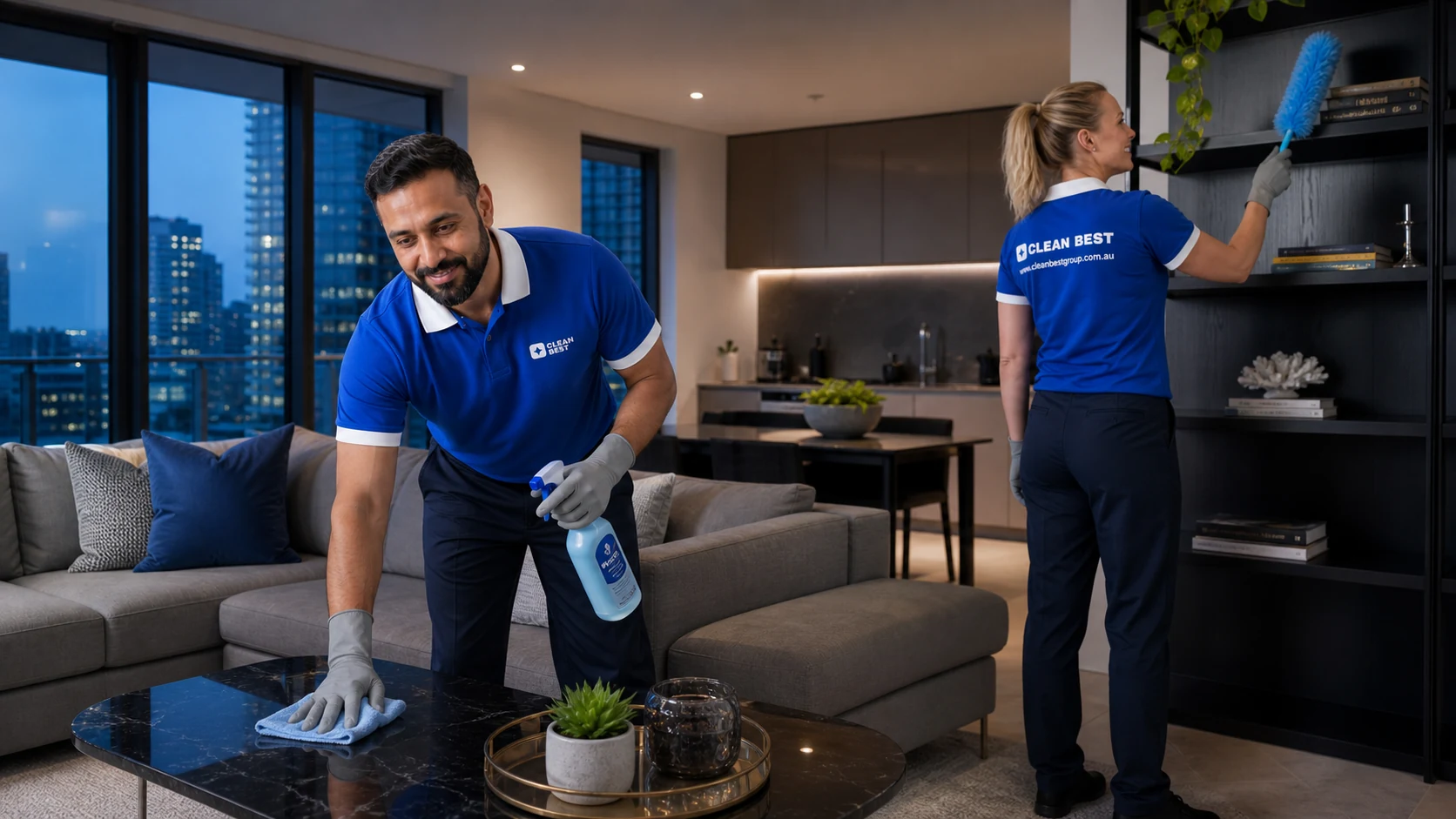 Clean Best operator cleaning a kitchen during a scheduled home clean in Sydney NSW