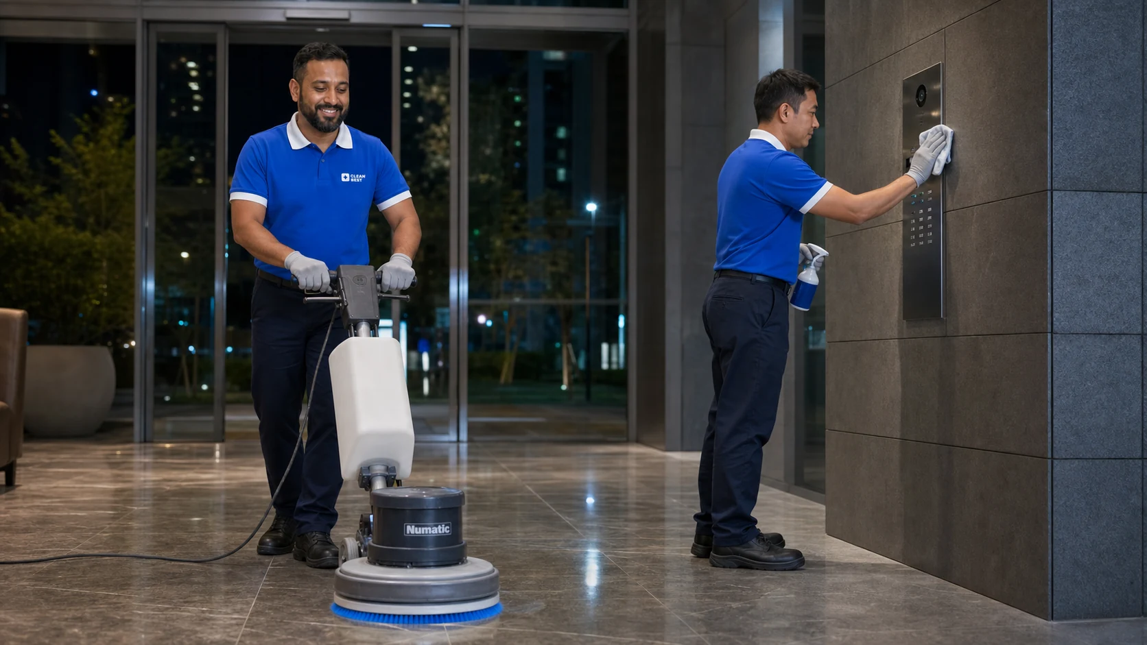 Clean Best operator cleaning the common-area lobby floor of a Sydney strata apartment building in NSW