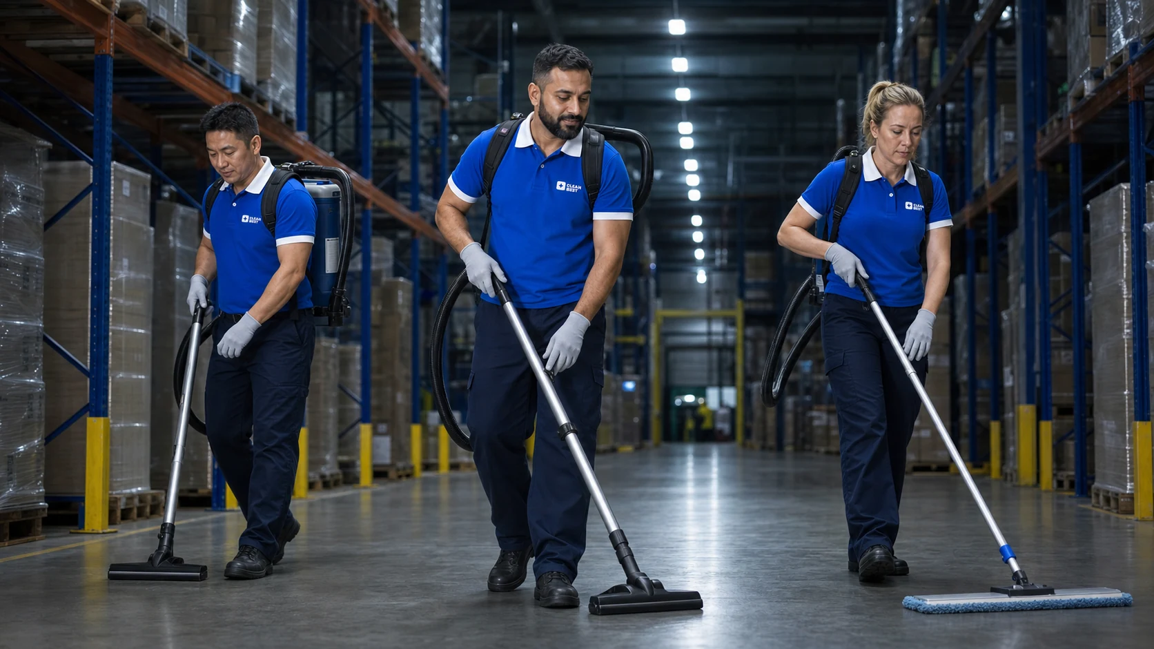 Clean Best operator running a ride-on floor scrubber between racking aisles in a Sydney distribution centre in NSW